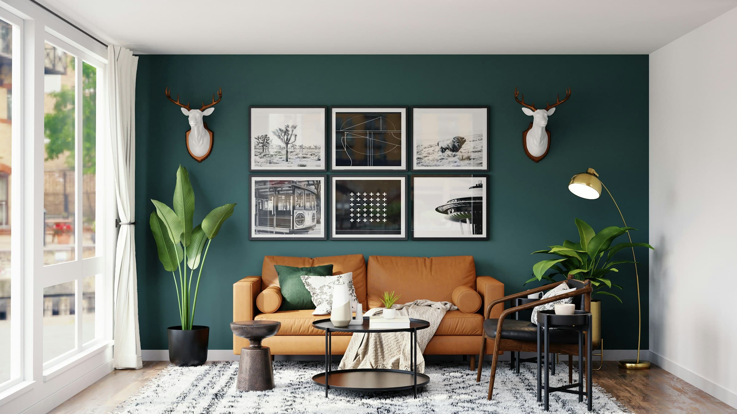 Bright living room with polished wooden floorboards